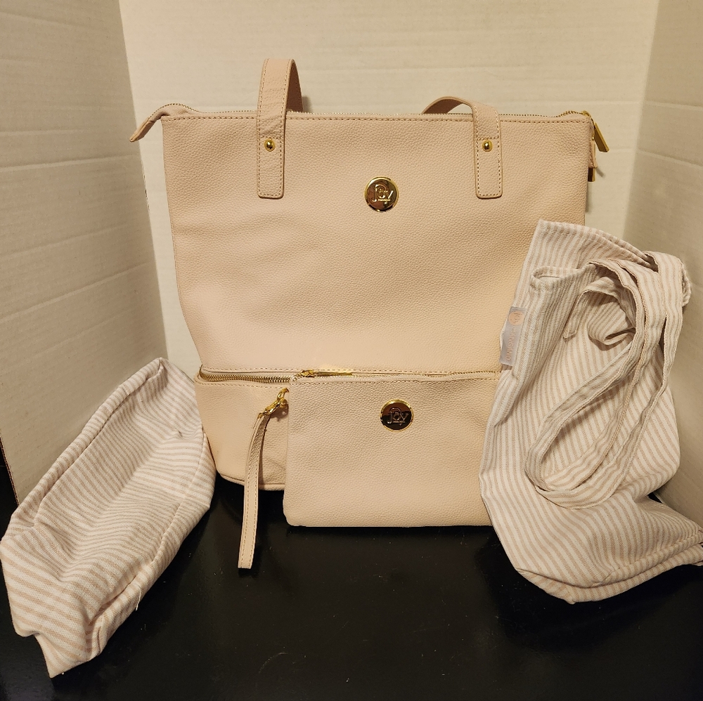 4 Pc Joy Mangano Leather Tote Bag Purse Double Decker W/Shoe Bag Beige 13x14x5"
